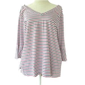 J Jill 3/4 Sleeve Patriotic Top Women's L Petite White Red Blue‎ Stripe V-Neck